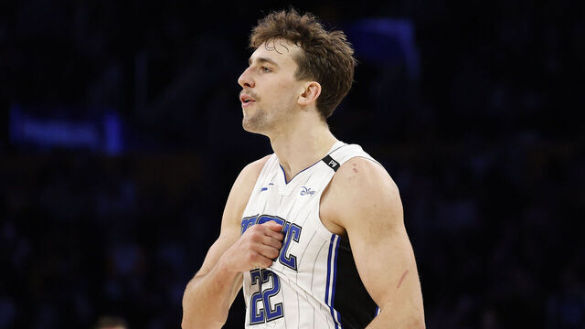 LOS ANGELES, CALIFORNIA - NOVEMBER 21: Franz Wagner #22 of the Orlando Magic celebrates a game winning three-point shot against the Los Angeles Lakers at Crypto.com Arena on November 21, 2024 in Los Angeles, California. NOTE TO USER: User expressly acknowledges and agrees that, by downloading and/or using this photograph, user is consenting to the terms and conditions of the Getty Images License Agreement.