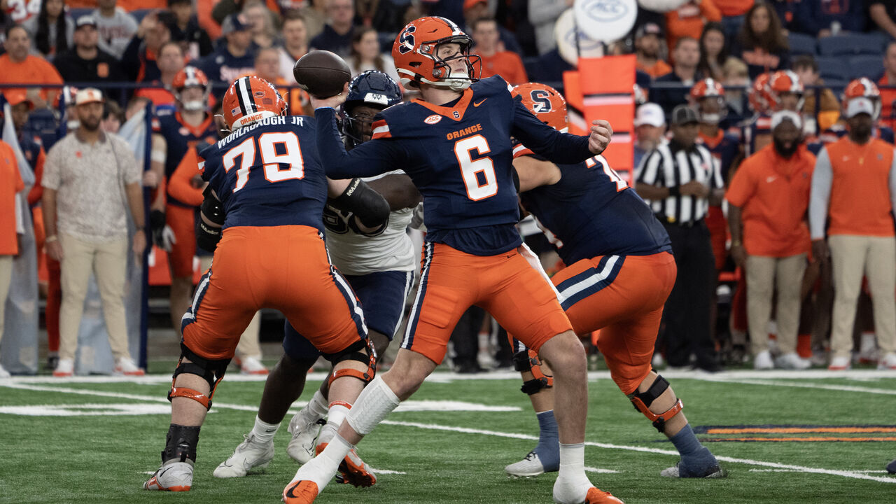 SYRACUSE, NY - NOVEMBER 23: Syracuse Orange Quarterback Kyle McCord (6) throws the ball during the first half of the College Football game between the UConn Huskies and the Syracuse Orange on November 23, 2024, at the JMA Wireless Dome in Syracuse, NY.