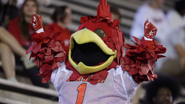 JACKSONVILLE, AL - OCTOBER 09: Jacksonville State Gamecocks mascot Cocky during the game between the New Mexico State Aggies and the Jacksonville State Gamecocks on October 9, 2024 at Burgess Snow Field at JSU Stadium in Jacksonville, Alabma.