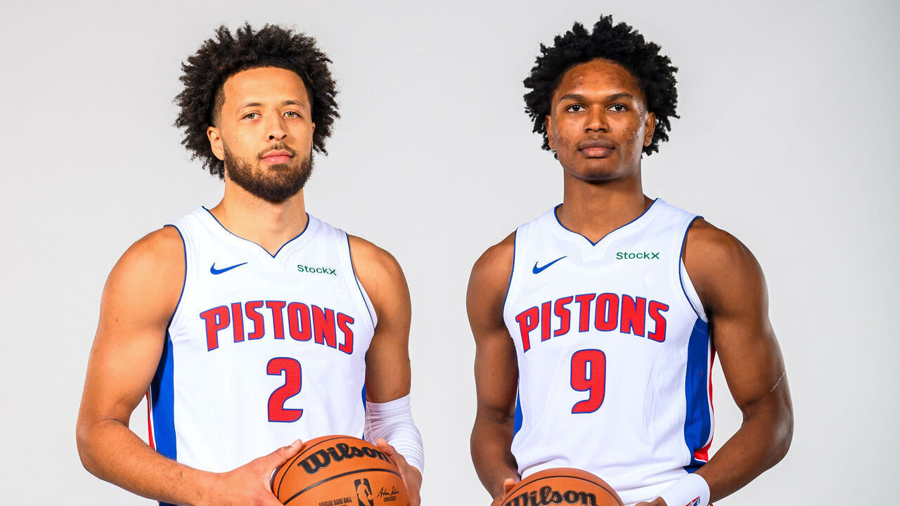 DETROIT, MICHIGAN - SEPTEMBER 30: Cade Cunningham #2 and Ausar Thompson #9 of the Detroit Pistons pose for a portrait during NBA Media Day at Little Caesars Arena on September 30, 2024 in Detroit, Michigan. Mandatory Copyright Notice: Copyright 2024 NBAE