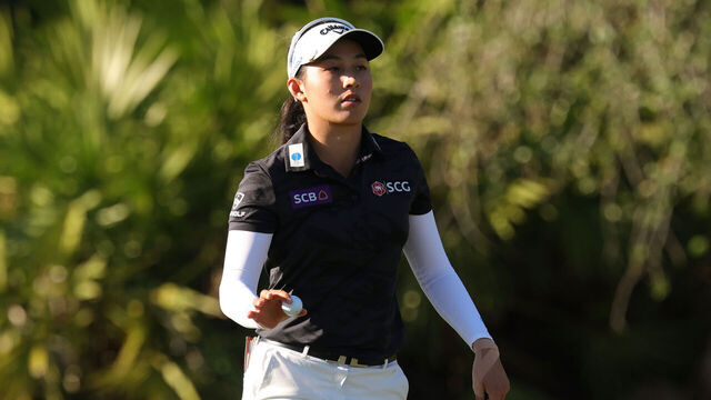 NAPLES, FLORIDA - NOVEMBER 23: Jeeno Thitikul of Thailand reacts on the 15th green during the third round of the CME Group Tour Championship 2024 at Tiburon Golf Club on November 23, 2024 in Naples, Florida.