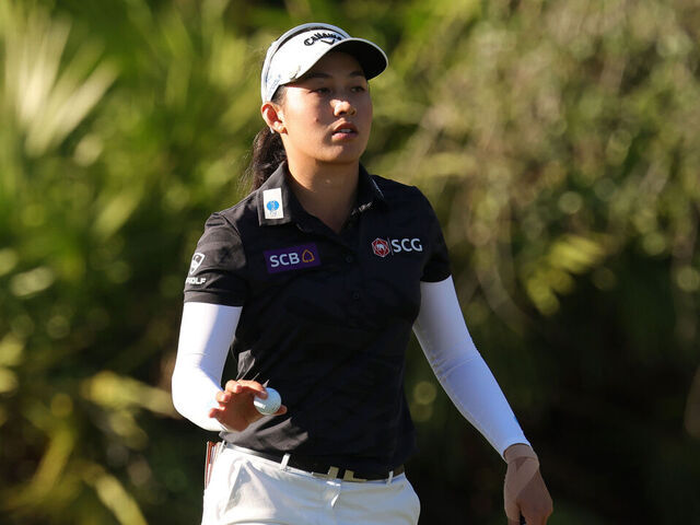 NAPLES, FLORIDA - NOVEMBER 23: Jeeno Thitikul of Thailand reacts on the 15th green during the third round of the CME Group Tour Championship 2024 at Tiburon Golf Club on November 23, 2024 in Naples, Florida.