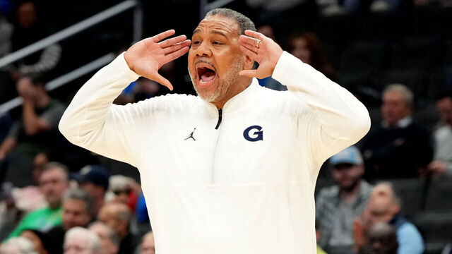 WASHINGTON, DC - NOVEMBER 16: Head coach Ed Cooley of the Georgetown Hoyas reacts to a call in the first half during a college basketball game against the Notre Dame Fighting Irish at Capital One Arena on November 16, 2024 in Washington, DC.