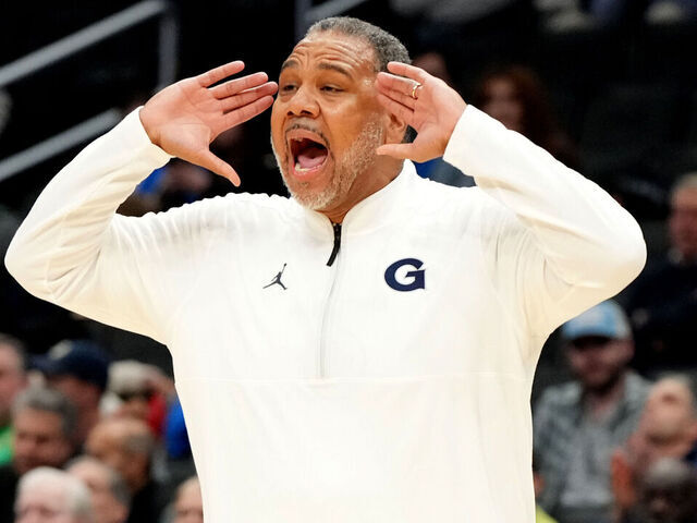 WASHINGTON, DC - NOVEMBER 16: Head coach Ed Cooley of the Georgetown Hoyas reacts to a call in the first half during a college basketball game against the Notre Dame Fighting Irish at Capital One Arena on November 16, 2024 in Washington, DC.