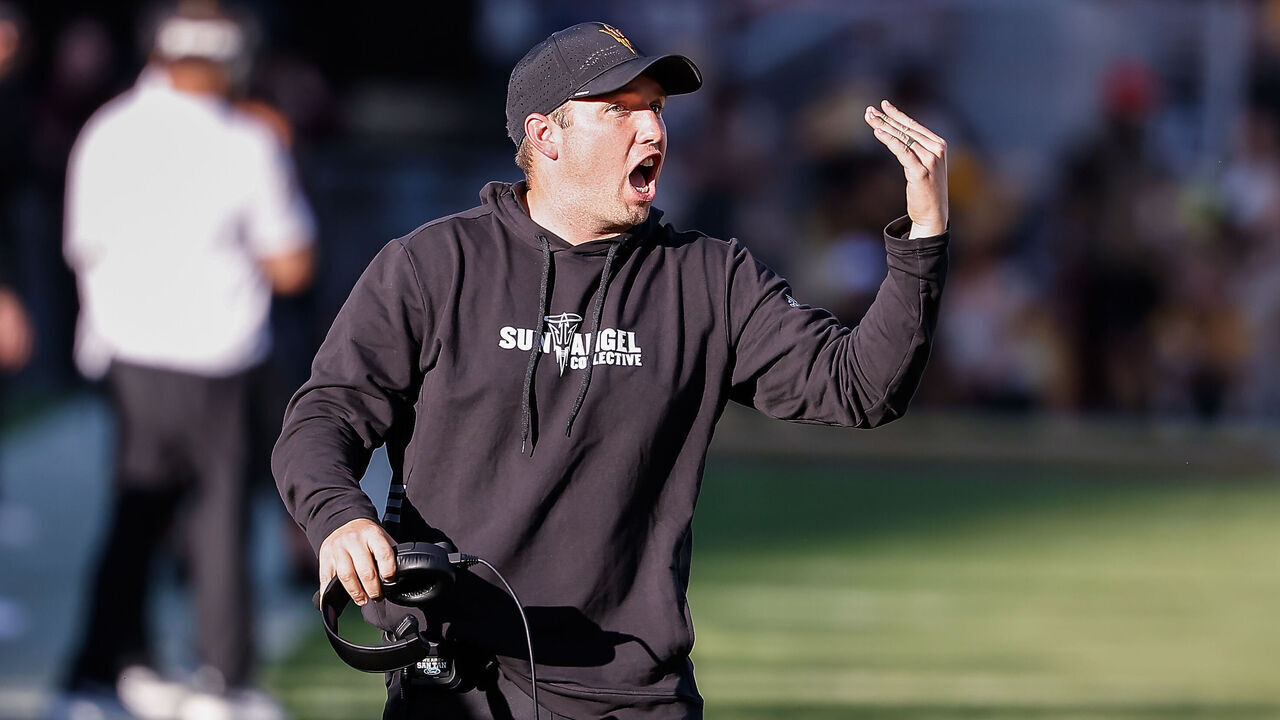 TEMPE, AZ - NOVEMBER 23: Arizona State Sun Devils head coach Kenny Dillingham gestures to the referees during the college football game between the BYU Cougars and the Arizona State Sun Devils on November 23, 2024 at Mountain America Stadium in Tempe, Arizona.