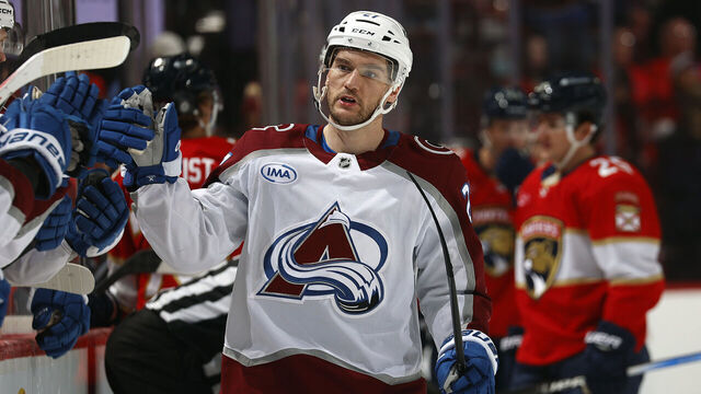 SUNRISE, FLORIDA - NOVEMBER 23: Jonathan Drouin #27 of the Colorado Avalanche celebrates his goal with teammates against the Florida Panthers at the Amerant Bank Arena on November 23, 2024 in Sunrise, Florida.