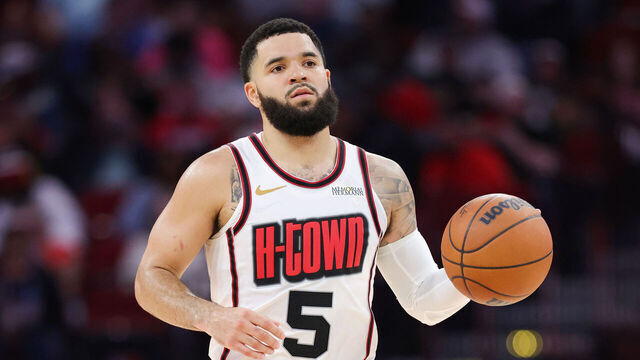 HOUSTON, TEXAS - NOVEMBER 20: Fred VanVleet #5 of the Houston Rockets dribbles against the Indiana Pacers during the second half at Toyota Center on November 20, 2024 in Houston, Texas.