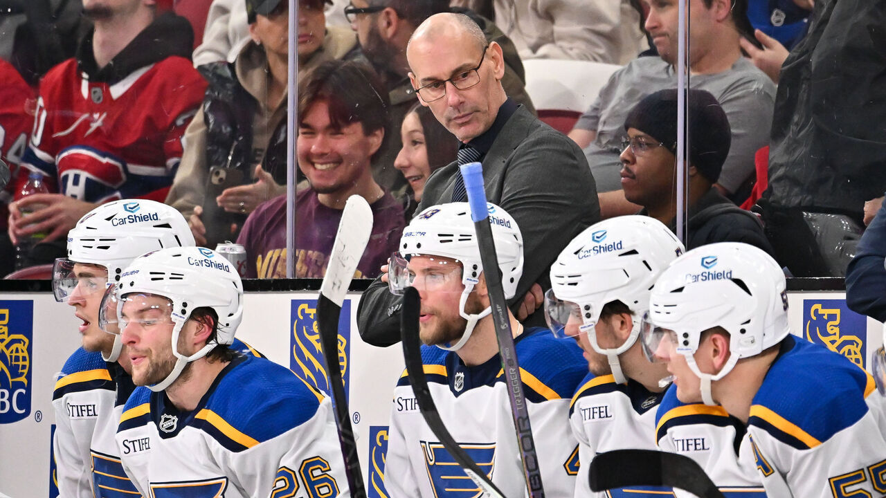 MONTREAL, CANADA - FEBRUARY 11: Interim head coach of the St. Louis Blues Drew Bannister, handles bench duties during the second period against the Montreal Canadiens at the Bell Centre on February 11, 2024 in Montreal, Quebec, Canada. The St. Louis Blues defeated the Montreal Canadiens 7-2.