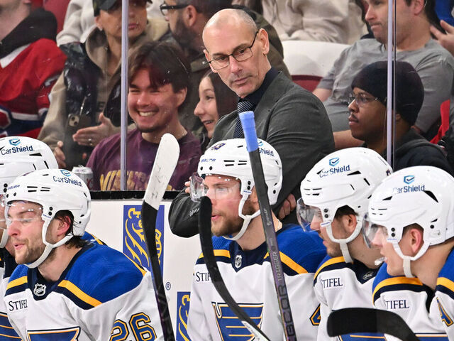 MONTREAL, CANADA - FEBRUARY 11: Interim head coach of the St. Louis Blues Drew Bannister, handles bench duties during the second period against the Montreal Canadiens at the Bell Centre on February 11, 2024 in Montreal, Quebec, Canada. The St. Louis Blues defeated the Montreal Canadiens 7-2.