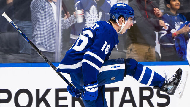 TORONTO, ON - NOVEMBER 16: Mitchell Marner #16 of the Toronto Maple Leafs celebrates his game winning goal against the Edmonton Oilers in overtime at the Scotiabank Arena on November 16, 2024 in Toronto, Ontario, Canada.