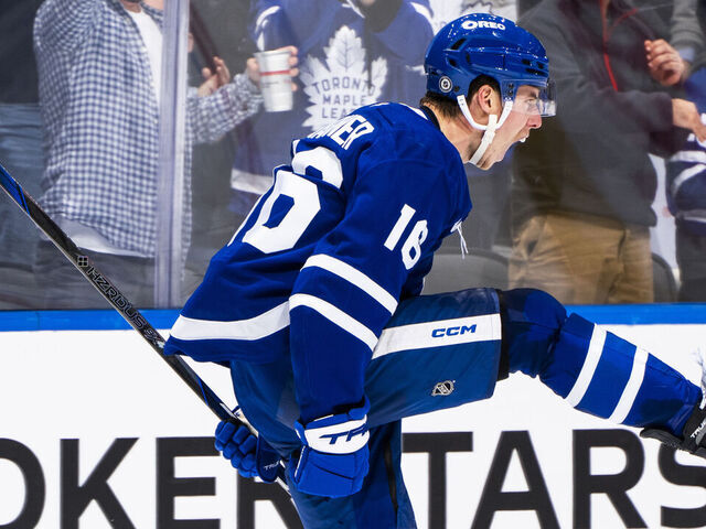 TORONTO, ON - NOVEMBER 16: Mitchell Marner #16 of the Toronto Maple Leafs celebrates his game winning goal against the Edmonton Oilers in overtime at the Scotiabank Arena on November 16, 2024 in Toronto, Ontario, Canada.
