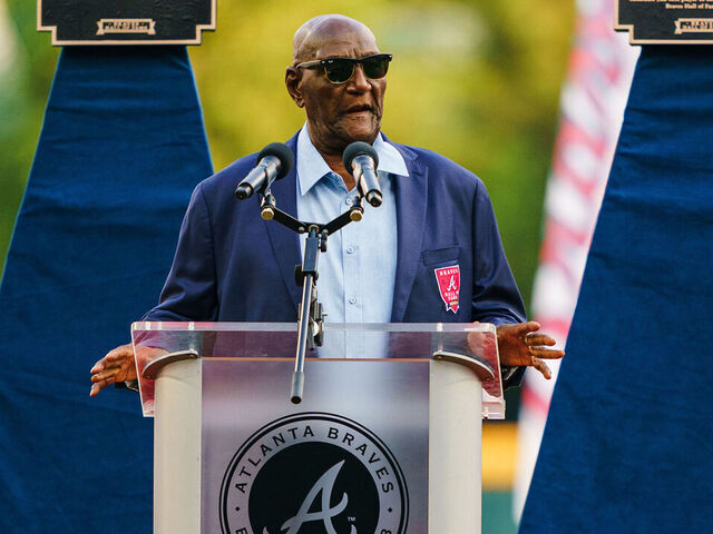 ATLANTA, GA - AUGUST 19: Rico Carty speaks during the Atlanta Braves Hall of Fame Induction Ceremony before the game against the San Francisco Giants at Truist Park on August 19, 2023 in Atlanta, Georgia.