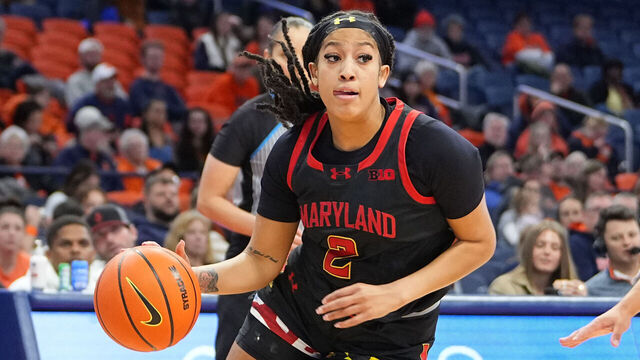 SYRACUSE, NY - NOVEMBER 13: Maryland Terrapins Guard Kaylene Smikle (2) dribbles the ball towards the basket during the first half of the Women's College Basketball game between the Maryland Terrapins and the Syracuse Orange on November 13, 2024, at the JMA Wireless Dome in Syracuse, NY.