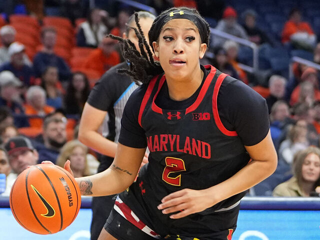SYRACUSE, NY - NOVEMBER 13: Maryland Terrapins Guard Kaylene Smikle (2) dribbles the ball towards the basket during the first half of the Women's College Basketball game between the Maryland Terrapins and the Syracuse Orange on November 13, 2024, at the JMA Wireless Dome in Syracuse, NY.