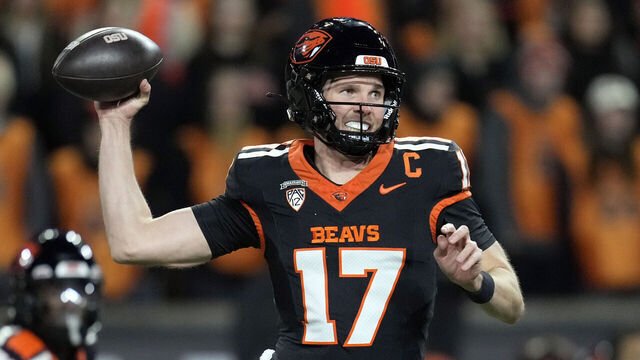 CORVALLIS, OREGON - NOVEMBER 23: Ben Gulbranson #17 of the Oregon State Beavers throws the ball during the first half against the Washington State Cougars at Reser Stadium on November 23, 2024 in Corvallis, Oregon.