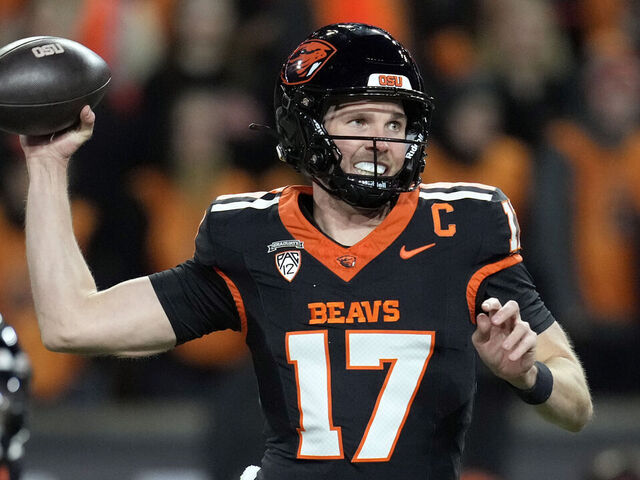 CORVALLIS, OREGON - NOVEMBER 23: Ben Gulbranson #17 of the Oregon State Beavers throws the ball during the first half against the Washington State Cougars at Reser Stadium on November 23, 2024 in Corvallis, Oregon.