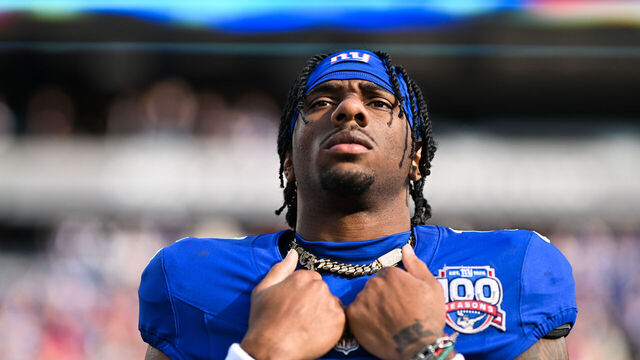 EAST RUTHERFORD, NEW JERSEY - NOVEMBER 24: Malik Nabers #1 of the New York Giants stands on the field prior to the start of the game against the Tampa Bay Buccaneers at MetLife Stadium on November 24, 2024 in East Rutherford, New Jersey.