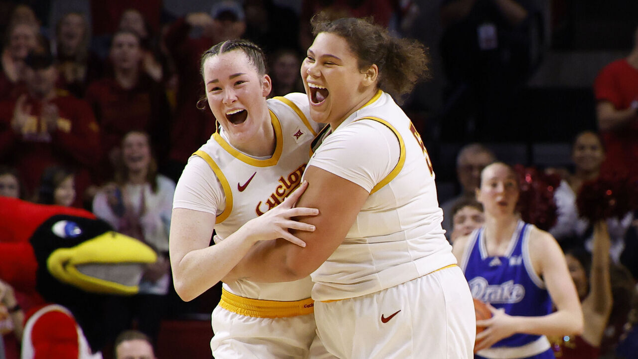 AMES, IA - NOVEMBER 24: Audi Crooks #55 of the Iowa State Cyclones celebrates after sinking a game-winning basket with teammate Addy Brown #24 of the Iowa State Cyclones against the Drake Bulldogs in the second half of play at Hilton Coliseum on November 24, 2024 in Ames, Iowa. The Iowa State Cyclones won 80-78 over the Drake Bulldogs.