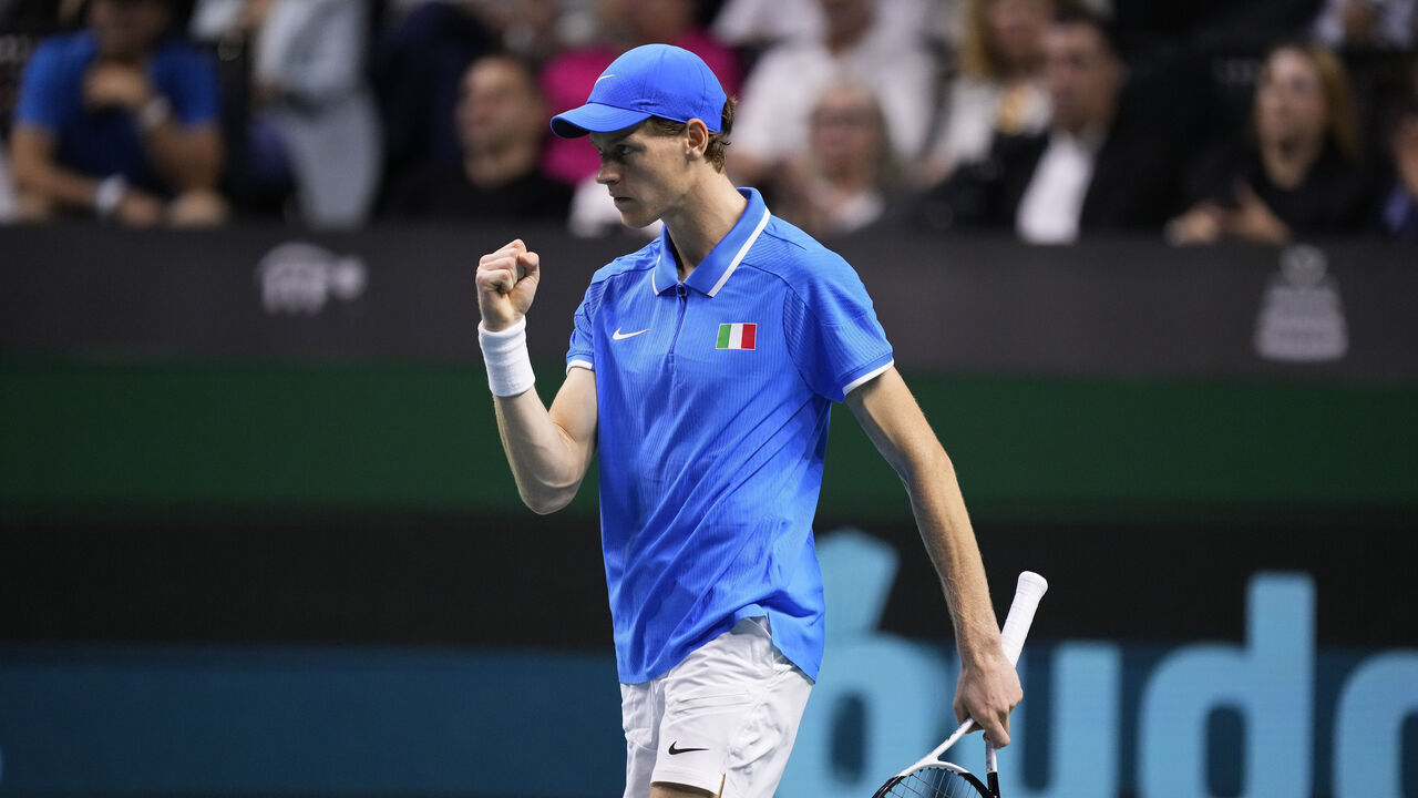 MALAGA, SPAIN - NOVEMBER 24: Jannik Sinner of Team Italy celebrates a point during his singles match against Tallon Griekspoor of Team Netherlands during the Final tie between Italy and Netherlands during the Davis Cup Final at Palacio de Deportes Jose Maria Martin Carpena on November 24, 2024 in Malaga, Spain.