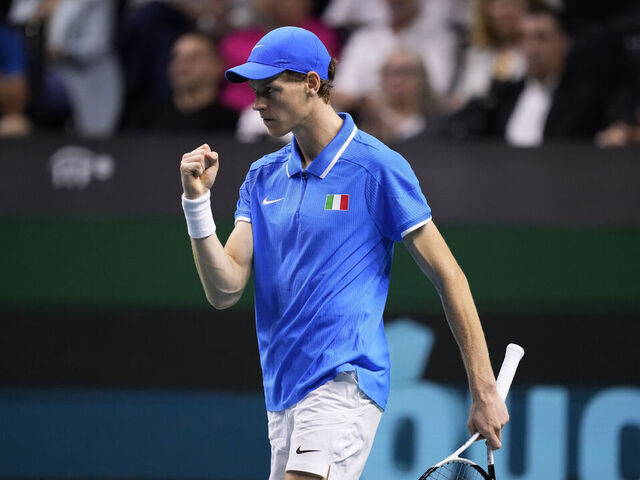 MALAGA, SPAIN - NOVEMBER 24: Jannik Sinner of Team Italy celebrates a point during his singles match against Tallon Griekspoor of Team Netherlands during the Final tie between Italy and Netherlands during the Davis Cup Final at Palacio de Deportes Jose Maria Martin Carpena on November 24, 2024 in Malaga, Spain.