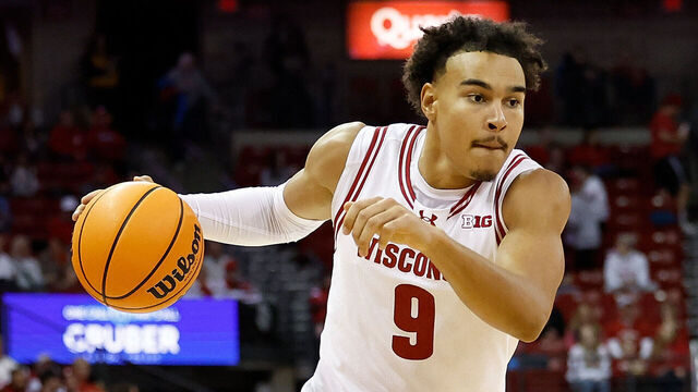 MADISON, WISCONSIN - NOVEMBER 18: John Tonje #9 of the Wisconsin Badgers drives to the basket in the second half of the game against the UT Rio Grande Valley Vaqueros at Kohl Center on November 18, 2024 in Madison, Wisconsin.