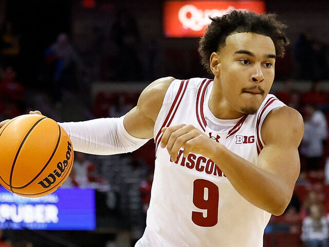 MADISON, WISCONSIN - NOVEMBER 18: John Tonje #9 of the Wisconsin Badgers drives to the basket in the second half of the game against the UT Rio Grande Valley Vaqueros at Kohl Center on November 18, 2024 in Madison, Wisconsin.