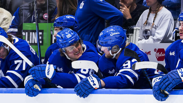 TORONTO, ON - NOVEMBER 24: William Nylander #88 and Alex Nylander interact on the bench during the first period against the Utah Hockey Club at the Scotiabank Arena on November 24, 2024 in Toronto, Ontario, Canada.