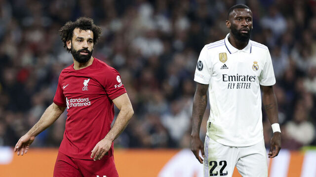 MADRID, SPAIN - MARCH 15: (L-R) Mohamed Salah of Liverpool FC, Antonio Rudiger of Real Madrid during the UEFA Champions League match between Real Madrid v Liverpool at the Estadio Santiago Bernabeu on March 15, 2023 in Madrid Spain