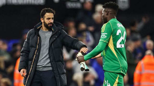 Manchester United's Portuguese head coach Ruben Amorim (L) shakes hands with Manchester United's Cameroonian goalkeeper #24 Andre Onana (R) at the end of the English Premier League football match between Ipswich Town and Manchester United at Portman Road in Ipswich, eastern England on November 24, 2024. Ipswich Town and Manchester United equalised 1 - 1.
