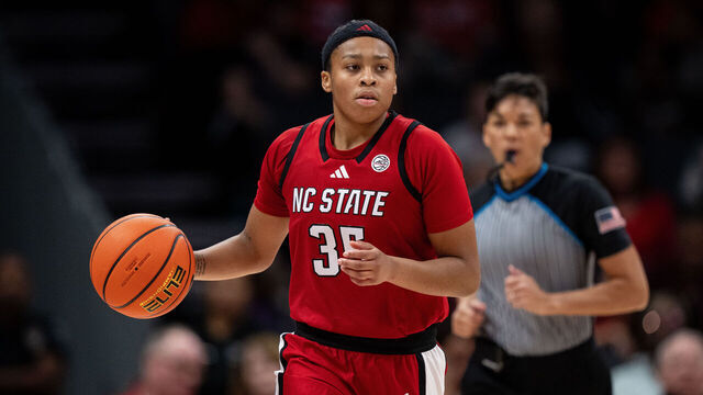 CHARLOTTE, NORTH CAROLINA - NOVEMBER 10: Zoe Brooks #35 of the NC State Wolfpack plays against the South Carolina Gamecocks during their game at the Spectrum Center on November 10, 2024 in Charlotte, North Carolina.