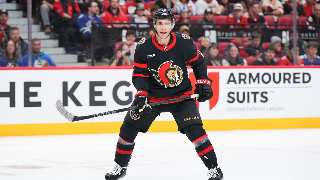 OTTAWA, CANADA - NOVEMBER 23: Artem Zub #2 of the Ottawa Senators skates against the Vancouver Canucks at Canadian Tire Centre on November 23, 2024 in Ottawa, Ontario, Canada.