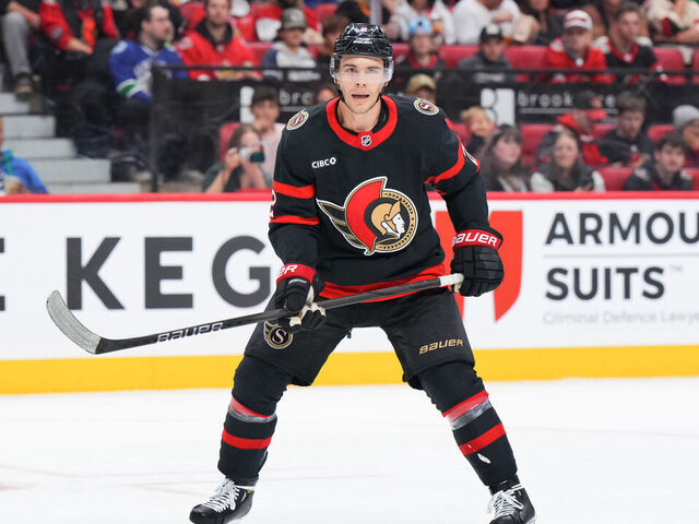 OTTAWA, CANADA - NOVEMBER 23: Artem Zub #2 of the Ottawa Senators skates against the Vancouver Canucks at Canadian Tire Centre on November 23, 2024 in Ottawa, Ontario, Canada.