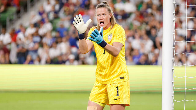 AUSTIN, TEXAS - OCTOBER 24: Alyssa Naeher #1 of the United States encourages her teammates during the first half against Iceland at Q2 Stadium on October 24, 2024 in Austin, Texas.