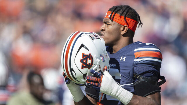 AUBURN, ALABAMA - NOVEMBER 16: Linebacker Demarcus Riddick #16 of the Auburn Tigers prior to their game against the Louisiana Monroe Warhawks at Jordan-Hare Stadium on November 16, 2024 in Auburn, Alabama.