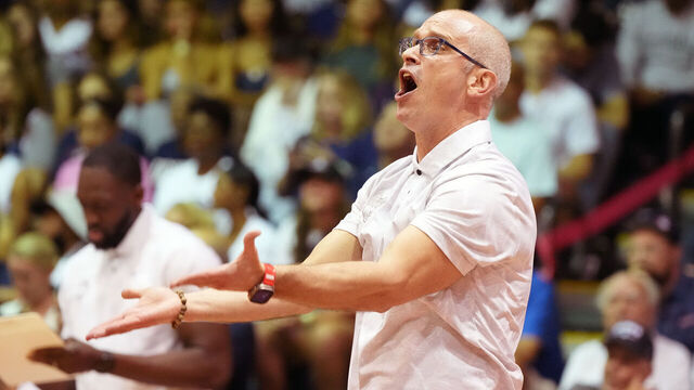 LAHAINA, HI - NOVEMBER 25: Head coach Dan Hurley of the Connecticut Huskies reacts to a call in the first half during the Maui Invitational college basketball game against the Memphis Tigers at The Lahaina Civic Center on November 25, 2024 in Lahaina, Hawaii.
