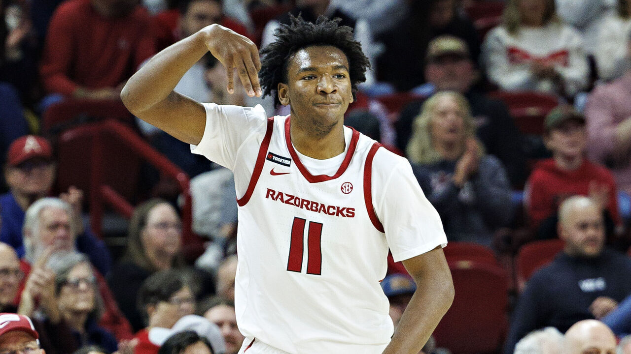 FAYETTEVILLE, ARKANSAS - NOVEMBER 25: Karter Knox #11 of the Arkansas Razorbacks celebrates a three point bucket during the first half of a game against Maryland-Eastern Shore Hawks at Bud Walton Arena on November 25, 2024 in Fayetteville, Arkansas.