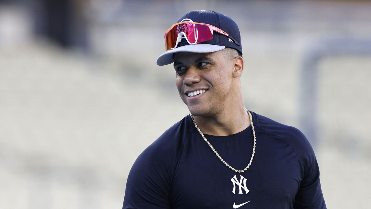 LOS ANGELES, CALIFORNIA - OCTOBER 24: Juan Soto #22 of the New York Yankees reacts during batting practice on workout day ahead of Game 1 of the 2024 World Series at Dodger Stadium on October 24, 2024 in Los Angeles, California.