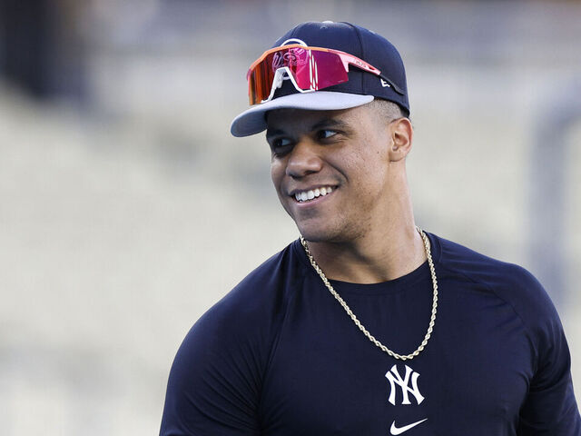 LOS ANGELES, CALIFORNIA - OCTOBER 24: Juan Soto #22 of the New York Yankees reacts during batting practice on workout day ahead of Game 1 of the 2024 World Series at Dodger Stadium on October 24, 2024 in Los Angeles, California.