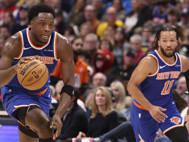 DENVER, COLORADO - NOVEMBER 25: OG Anunoby #8 of the New York Knicks steals the ball against the Denver Nuggets during the first half at Ball Arena on November 25, 2024 in Denver, Colorado. NOTE TO USER: User expressly acknowledges and agrees that, by downloading and/or using this Photograph, user is consenting to the terms and conditions of the Getty Images License Agreement.