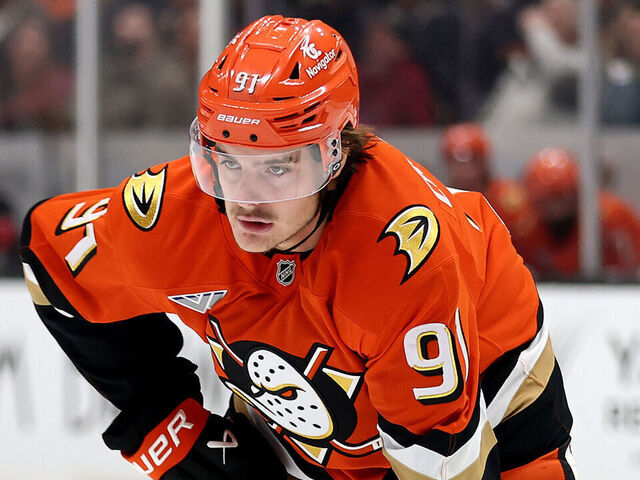 ANAHEIM, CALIFORNIA - NOVEMBER 22: Leo Carlsson #91 of the Anaheim Ducks looks on during the second period of a game against the Buffalo Sabres at Honda Center on November 22, 2024 in Anaheim, California.
