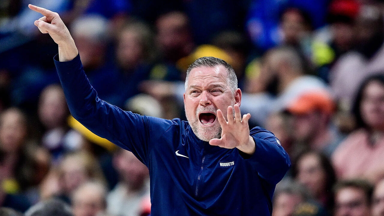 DENVER, COLORADO - NOVEMBER 02: Head coach Michael Malone directs his team in the second half against the Utah Jazz at Ball Arena on November 2, 2024, 2024 in Denver, Colorado.
