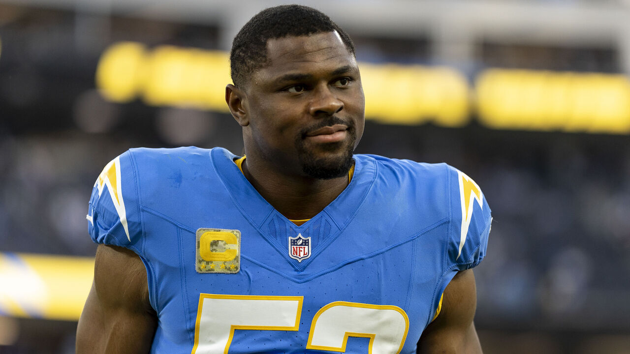 INGLEWOOD, CALIFORNIA - NOVEMBER 10: Khalil Mack #52 of the Los Angeles Chargers looks on following an NFL Football game against the Tennessee Titans at SoFi Stadium on November 10, 2024 in Inglewood, California.