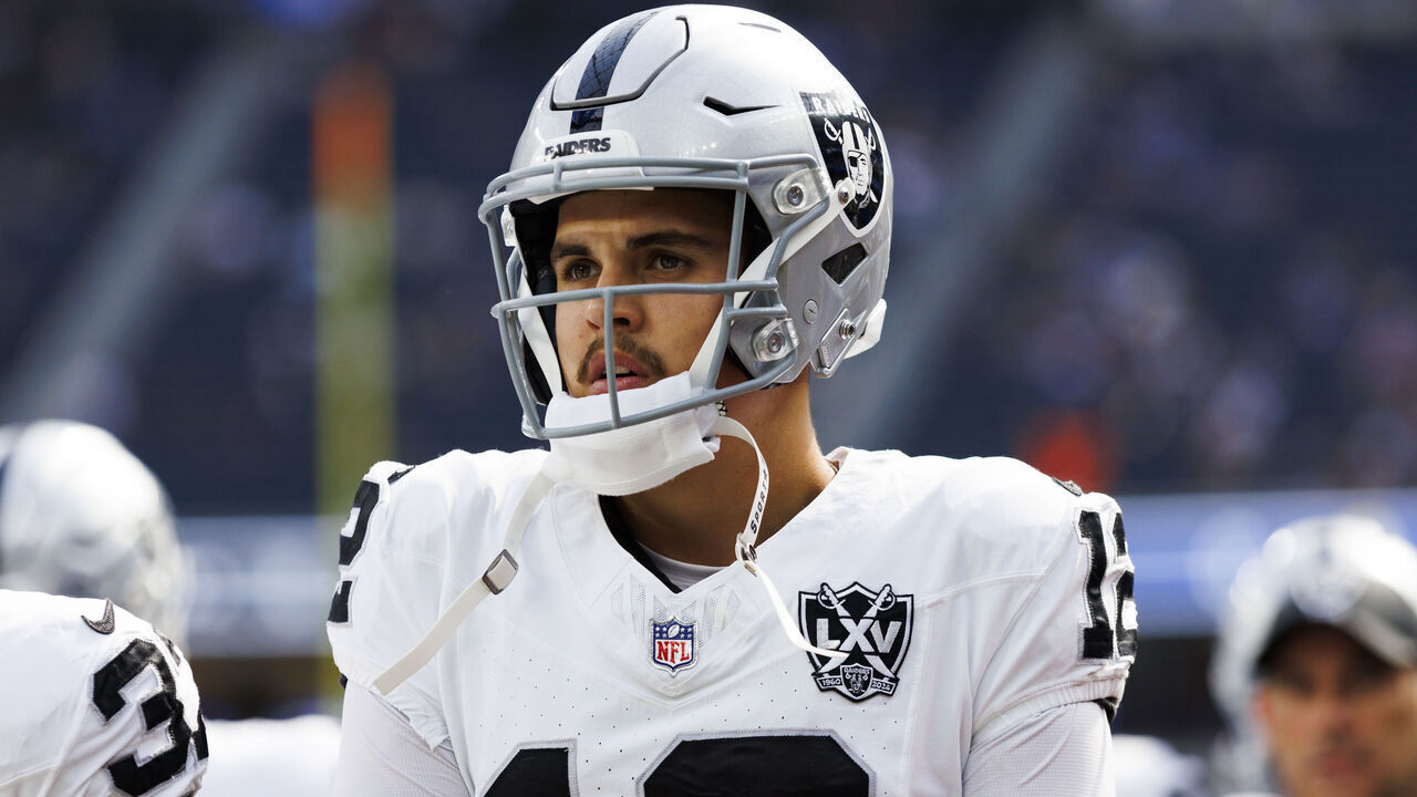 INGLEWOOD, CALIFORNIA - OCTOBER 20: Aidan O'Connell #12 of the Las Vegas Raiders walks off the field before a game against the Los Angeles Rams at SoFi Stadium on October 20, 2024 in Inglewood, California.