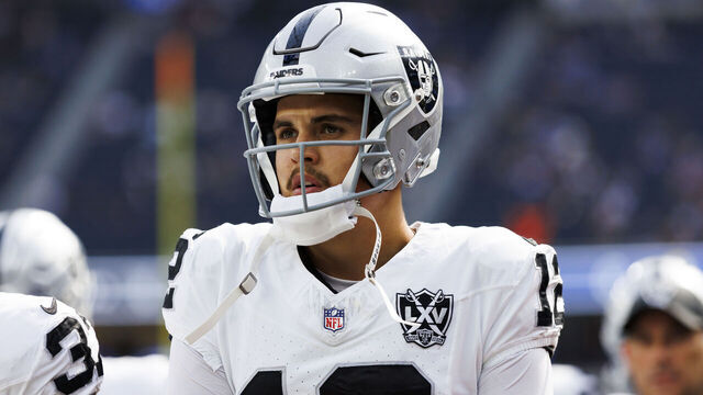 INGLEWOOD, CALIFORNIA - OCTOBER 20: Aidan O'Connell #12 of the Las Vegas Raiders walks off the field before a game against the Los Angeles Rams at SoFi Stadium on October 20, 2024 in Inglewood, California.