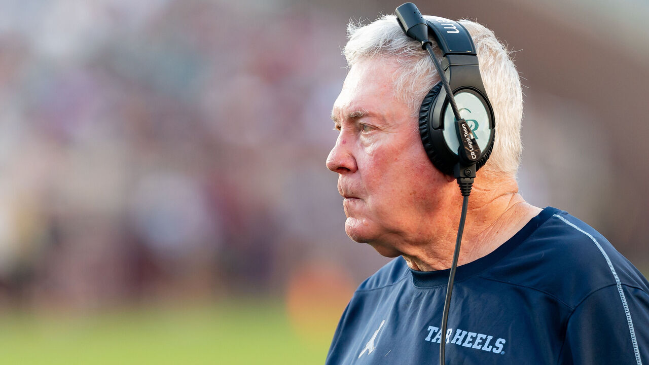 TALLAHASSEE, FL - NOVEMBER 02: North Carolina Tar Heels head coach Mack Brown looks towards the field during a college football game between the North Carolina Tar Heels and Florida State Seminoles on November 2nd, 2024 at Doak Campbell in Tallahassee, FL.