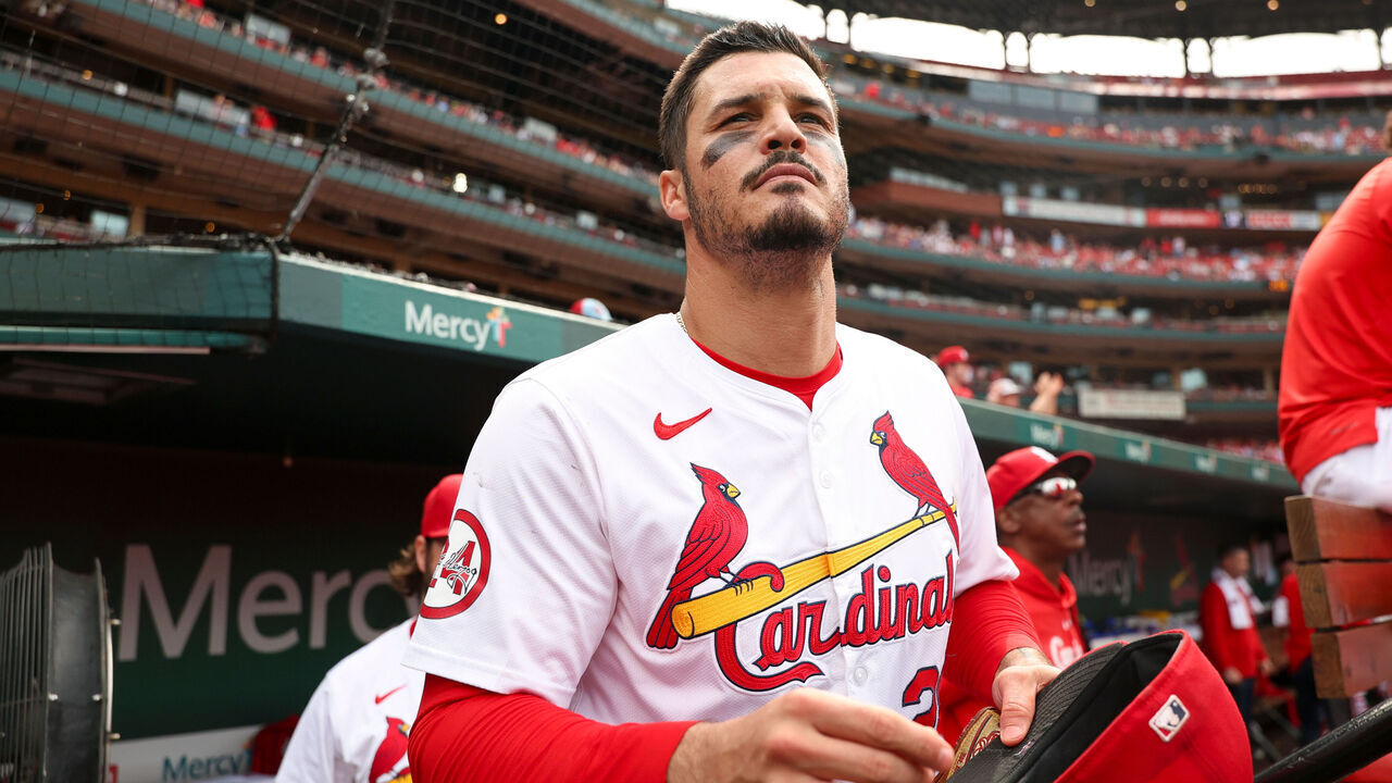 ST LOUIS, MISSOURI - MAY 22: Nolan Arenado #28 of the St. Louis Cardinals in the dugout in the sixth inning against the Baltimore Orioles at Busch Stadium on May 22, 2024 in St Louis, Missouri.