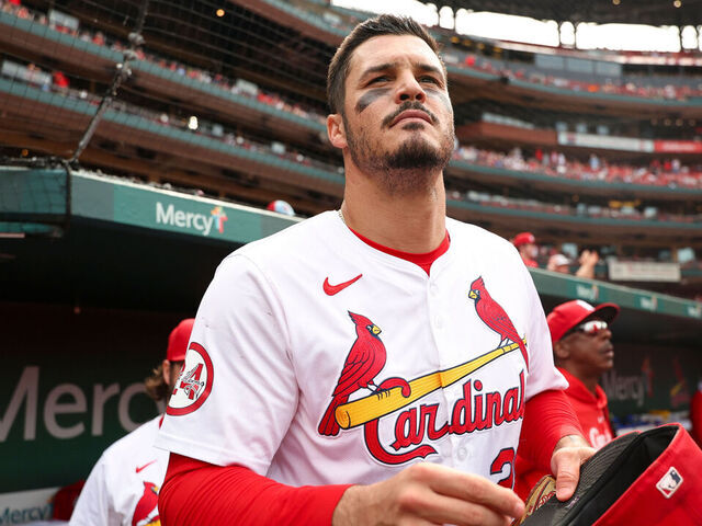ST LOUIS, MISSOURI - MAY 22: Nolan Arenado #28 of the St. Louis Cardinals in the dugout in the sixth inning against the Baltimore Orioles at Busch Stadium on May 22, 2024 in St Louis, Missouri.