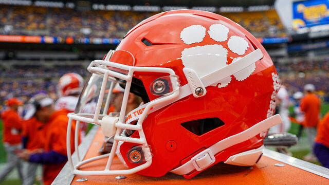 PITTSBURGH, PA - NOVEMBER 16: A detailed view of a Clemson Tigers helmet during the college football game between the Clemson Tigers and Pittsburgh Panthers on November 16, 2024 at Acrisure Stadium in Pittsburgh, PA.