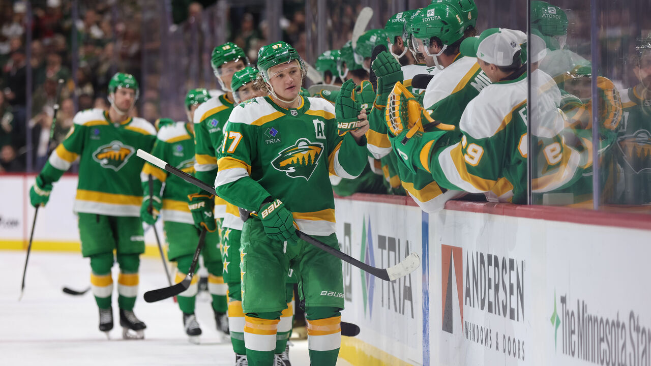 ST. PAUL, MN - NOVEMBER 16: Minnesota Wild left wing Kirill Kaprizov (97) is congratulated after scoring a goal during the NHL game between the Dallas Stars and the Minnesota Wild on November 16th, 2024, at the Xcel Energy Center in St. Paul, MN.