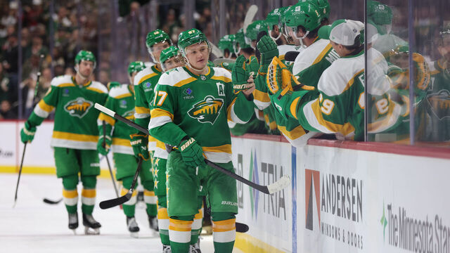 ST. PAUL, MN - NOVEMBER 16: Minnesota Wild left wing Kirill Kaprizov (97) is congratulated after scoring a goal during the NHL game between the Dallas Stars and the Minnesota Wild on November 16th, 2024, at the Xcel Energy Center in St. Paul, MN.